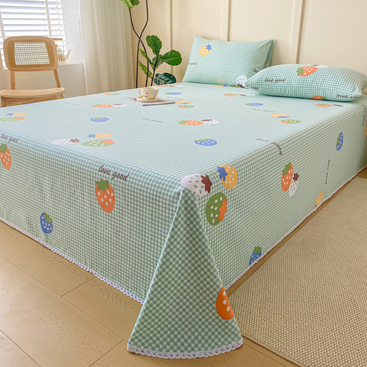 91家纺网 家纺一手货源 找家纺 金泰莱2025新款花边款老粗布床单 绿梅果