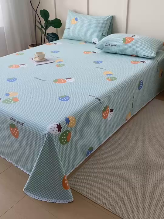 91家纺网 家纺一手货源 找家纺 金泰莱2025新款花边款老粗布床单 绿梅果