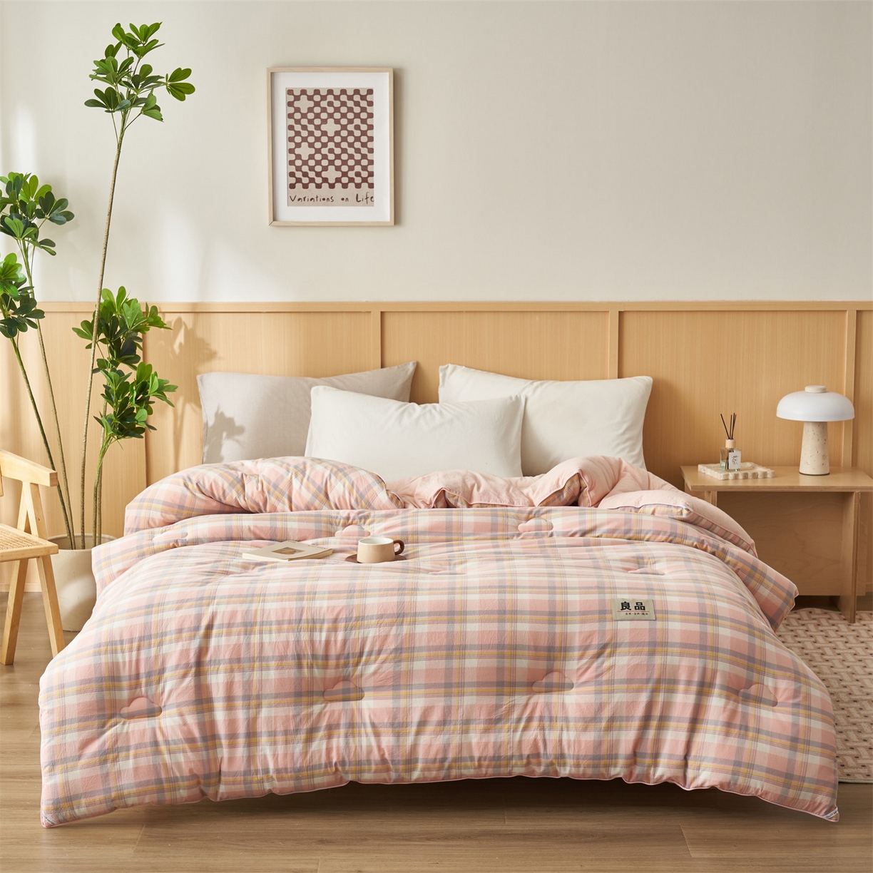 91家纺网 家纺一手货源 找家纺 恬思语家纺 2025秋冬新款色织格子里外全棉棉花冬被被子被芯 简兮粉