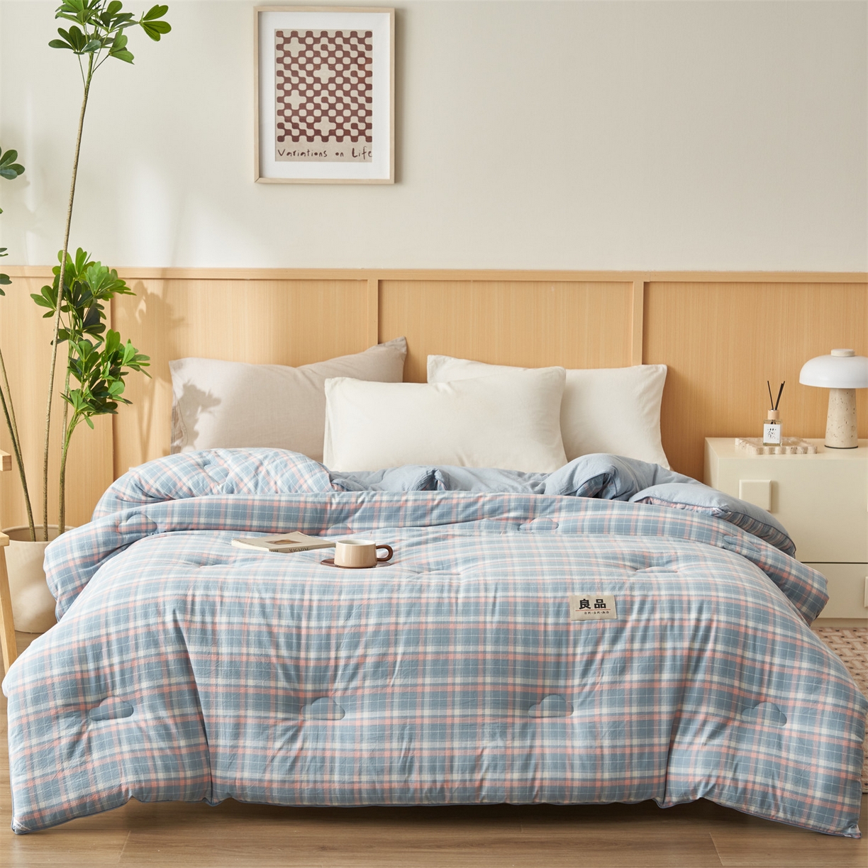 91家纺网 家纺一手货源 找家纺 恬思语家纺 2025秋冬新款色织格子里外全棉棉花冬被被子被芯 洛林蓝