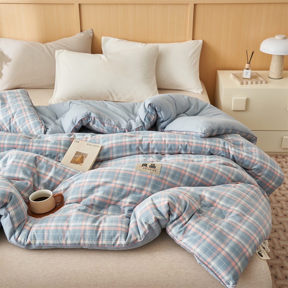 91家纺网 家纺一手货源 找家纺 恬思语家纺 2025秋冬新款色织格子里外全棉棉花冬被被子被芯 洛林蓝