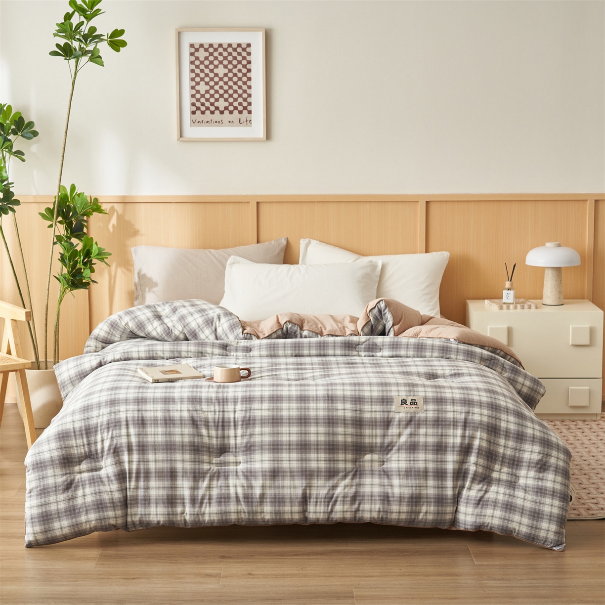 91家纺网 家纺一手货源 找家纺 恬思语家纺 2025秋冬新款色织格子里外全棉棉花冬被被子被芯 绅士灰