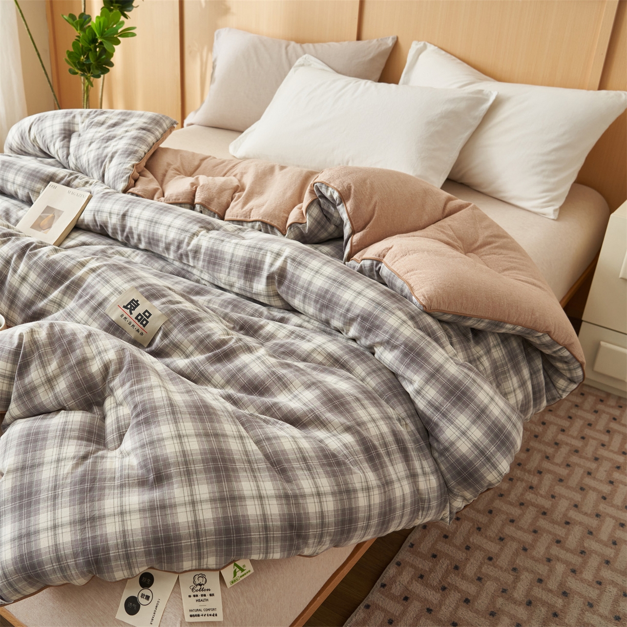 91家纺网 家纺一手货源 找家纺 恬思语家纺 2025秋冬新款色织格子里外全棉棉花冬被被子被芯 绅士灰