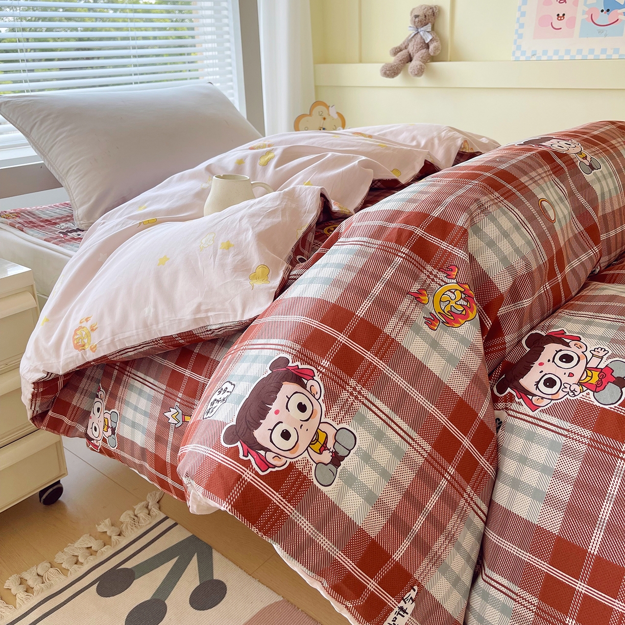 金鑫汇家纺2025新款全棉纯棉宿舍印花学生宿舍上下铺三件套单被套 传奇哪吒·棕