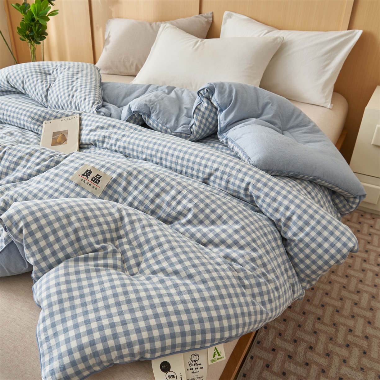 91家纺网 家纺一手货源 找家纺 恬思语家纺 2025秋冬新款色织格子里外全棉棉花冬被被子被芯 小蓝格