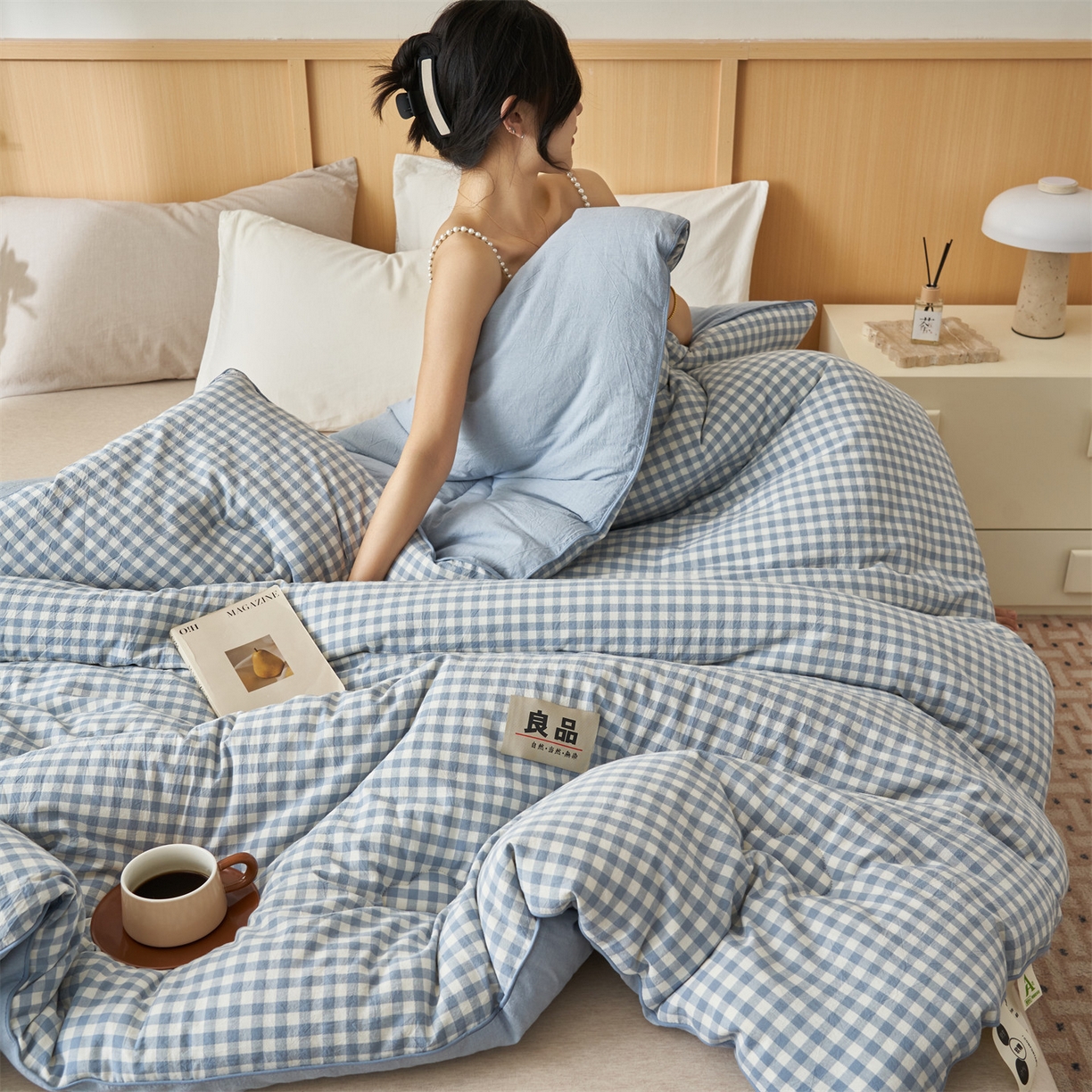 91家纺网 家纺一手货源 找家纺 恬思语家纺 2025秋冬新款色织格子里外全棉棉花冬被被子被芯 小蓝格