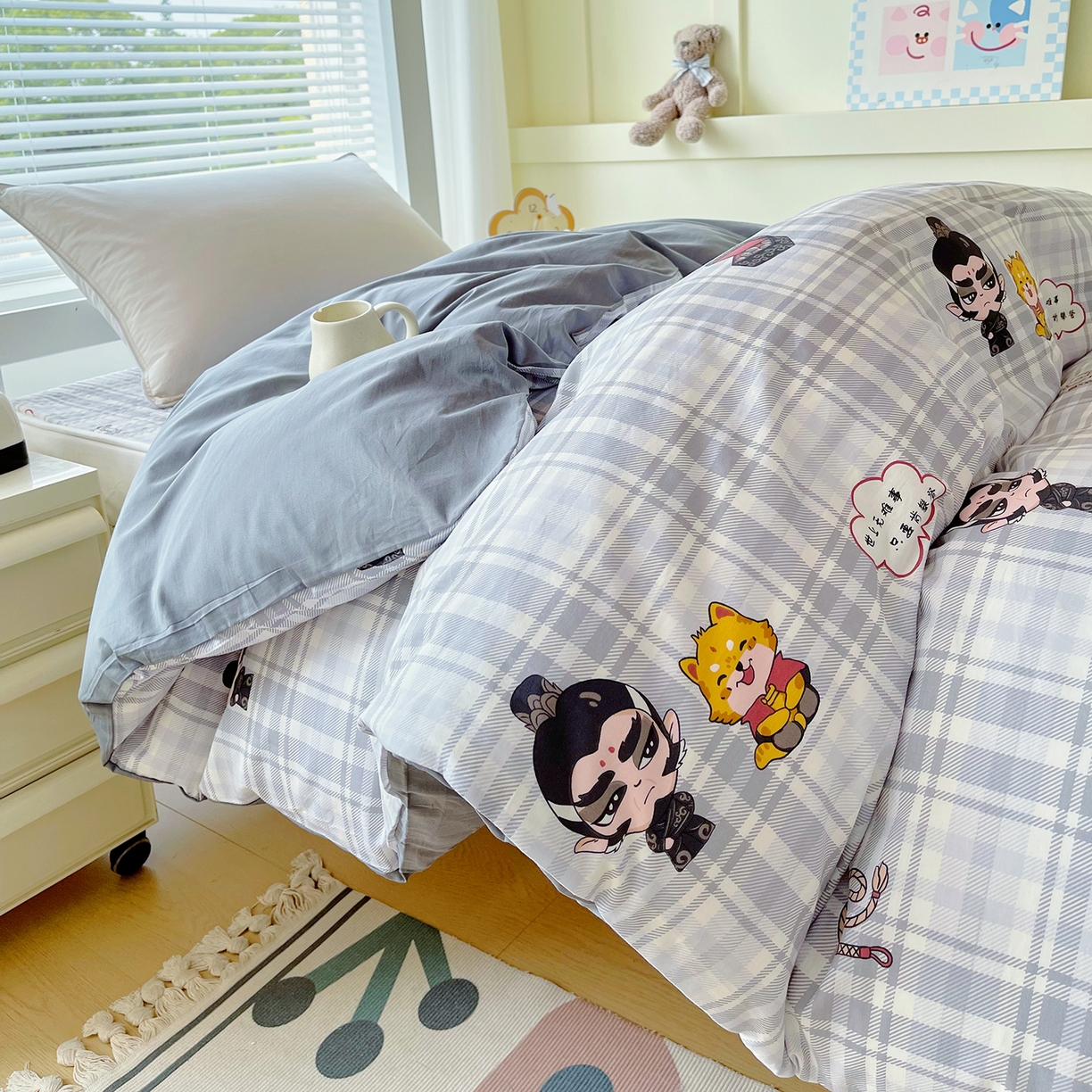 金鑫汇家纺2025新款全棉纯棉宿舍印花学生宿舍上下铺三件套单被套 无畏申公豹·灰