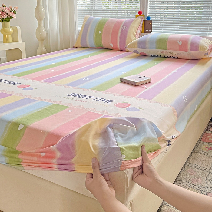 91家纺网 家纺一手货源 找家纺 极梦家纺 2025新款磨毛植物羊绒印花单床笠三件套学生宿舍 彩虹桃桃床笠款