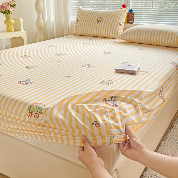 91家纺网 家纺一手货源 找家纺 极梦家纺 2025新款磨毛植物羊绒印花单床笠三件套学生宿舍 黄条小象床笠款