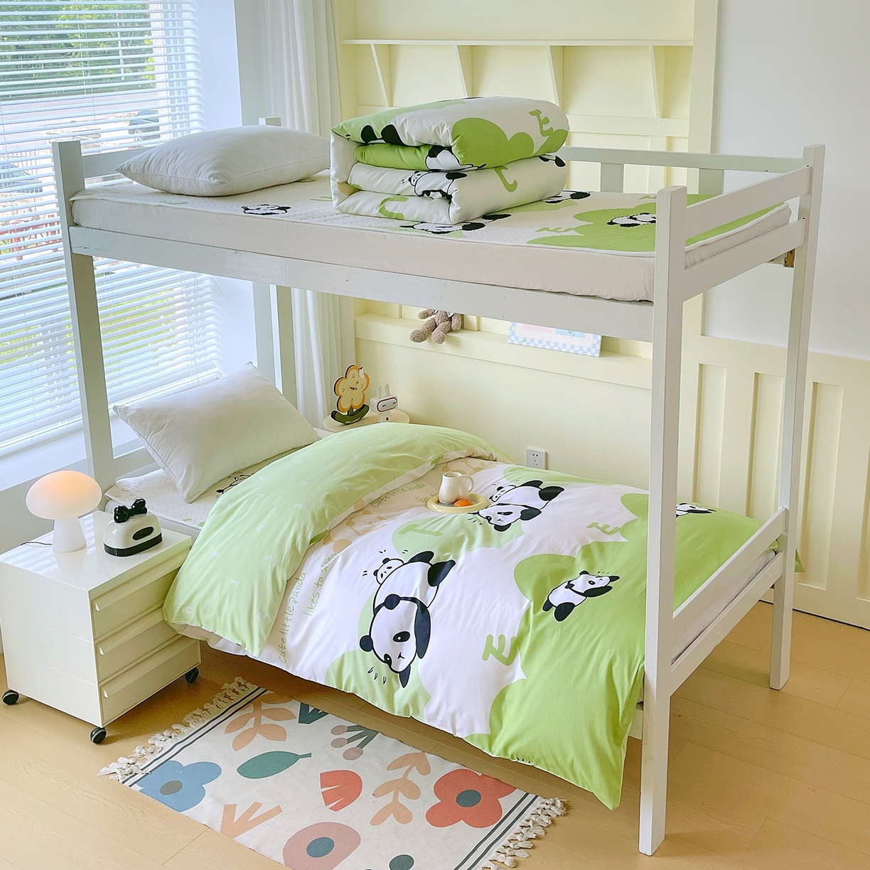 91家纺网 家纺一手货源 找家纺 金鑫汇家纺2025新款全棉纯棉宿舍印花学生宿舍上下铺三件套单被套 可爱熊猫