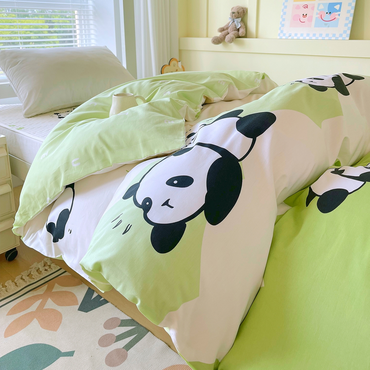 91家纺网 家纺一手货源 找家纺 金鑫汇家纺2025新款全棉纯棉宿舍印花学生宿舍上下铺三件套单被套 可爱熊猫