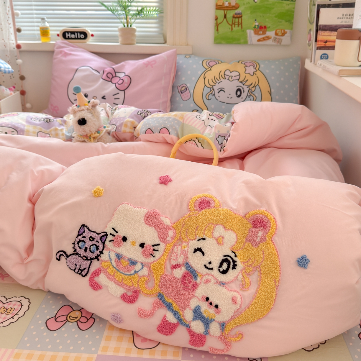 一霖家纺 2025新款高克重云朵棉毛巾绣印绣四件套-小清新系列-第三波 美少女战士-粉