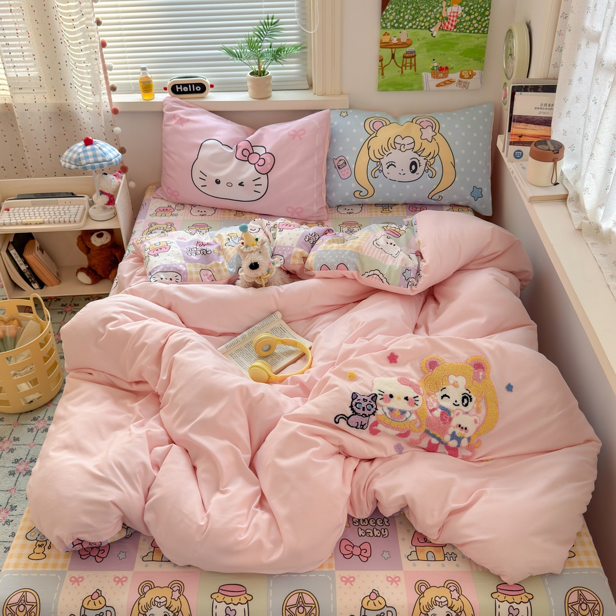 91家纺网 家纺一手货源 找家纺 一霖家纺 2025新款高克重云朵棉毛巾绣印绣四件套-小清新系列-第三波 美少女战士-粉