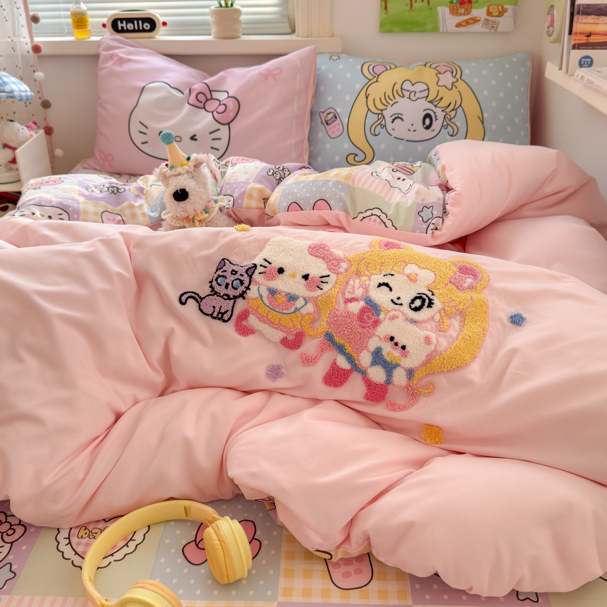 91家纺网 家纺一手货源 找家纺 一霖家纺 2025新款高克重云朵棉毛巾绣印绣四件套-小清新系列-第三波 美少女战士-粉