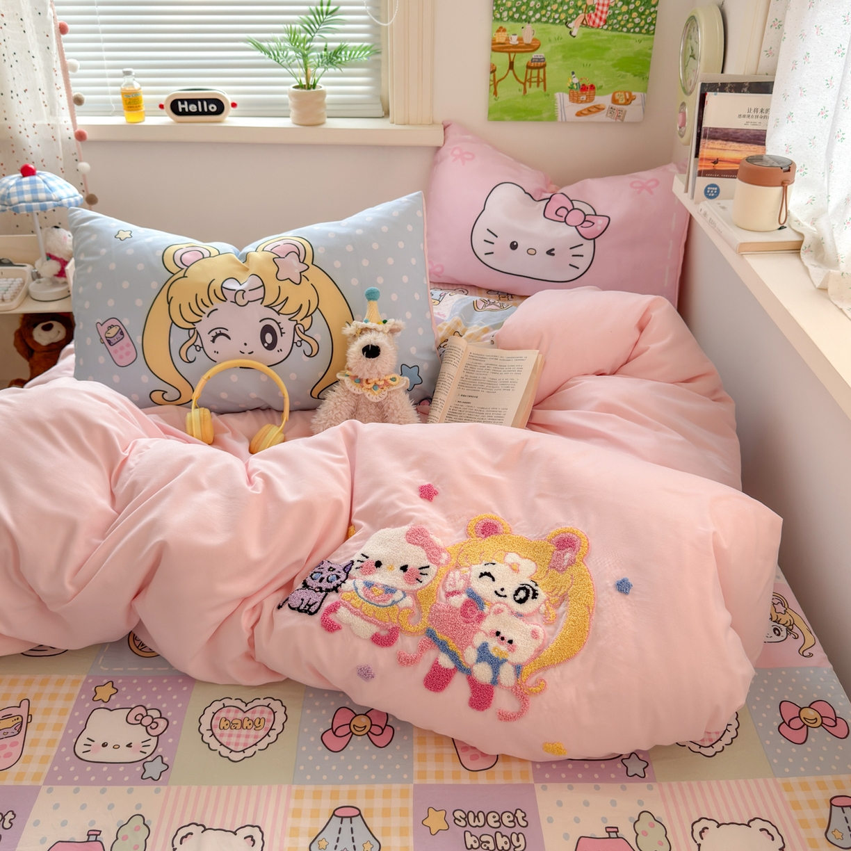 91家纺网 家纺一手货源 找家纺 一霖家纺 2025新款高克重云朵棉毛巾绣印绣四件套-小清新系列-第三波 美少女战士-粉