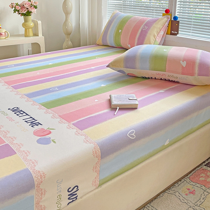 91家纺网 家纺一手货源 找家纺 极梦家纺 2025新款磨毛植物羊绒印花单床笠三件套学生宿舍 彩虹桃桃床笠款