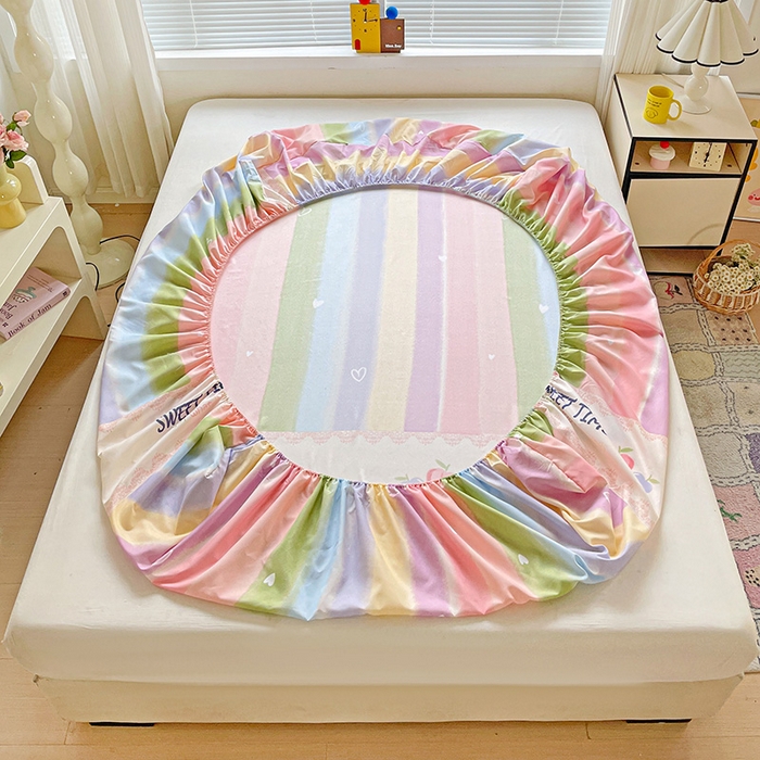 91家纺网 家纺一手货源 找家纺 极梦家纺 2025新款磨毛植物羊绒印花单床笠三件套学生宿舍 彩虹桃桃床笠款