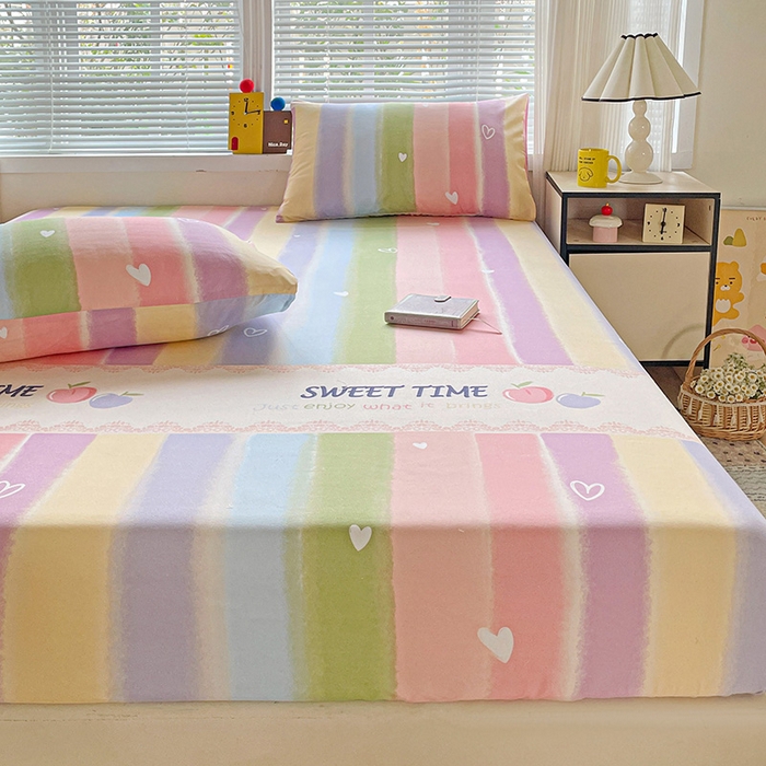 91家纺网 家纺一手货源 找家纺 极梦家纺 2025新款磨毛植物羊绒印花单床笠三件套学生宿舍 彩虹桃桃床笠款