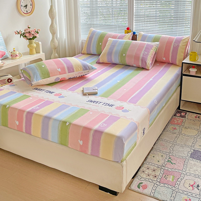 91家纺网 家纺一手货源 找家纺 极梦家纺 2025新款磨毛植物羊绒印花单床笠三件套学生宿舍 彩虹桃桃床笠款