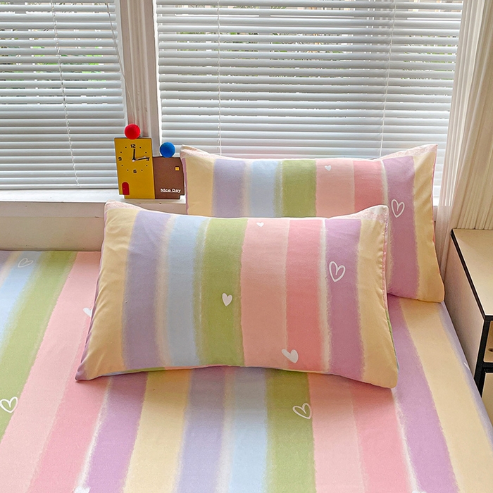 91家纺网 家纺一手货源 找家纺 极梦家纺 2025新款磨毛植物羊绒印花单床笠三件套学生宿舍 彩虹桃桃床笠款