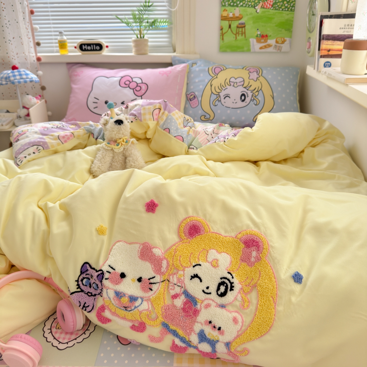 一霖家纺 2025新款高克重云朵棉毛巾绣印绣四件套-小清新系列-第三波 美少女战士-黄