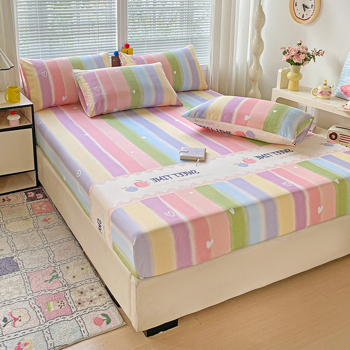 91家纺网 家纺一手货源 找家纺 极梦家纺 2025新款磨毛植物羊绒印花单床笠三件套学生宿舍 彩虹桃桃床笠款