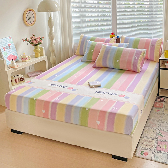 91家纺网 家纺一手货源 找家纺 极梦家纺 2025新款磨毛植物羊绒印花单床笠三件套学生宿舍 彩虹桃桃床笠款