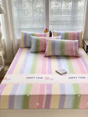 91家纺网 家纺一手货源 找家纺 极梦家纺 2025新款磨毛植物羊绒印花单床笠三件套学生宿舍 彩虹桃桃床笠款