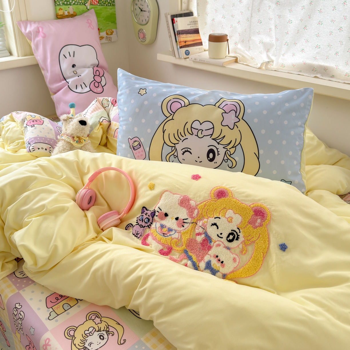 91家纺网 家纺一手货源 找家纺 一霖家纺 2025新款高克重云朵棉毛巾绣印绣四件套-小清新系列-第三波 美少女战士-黄