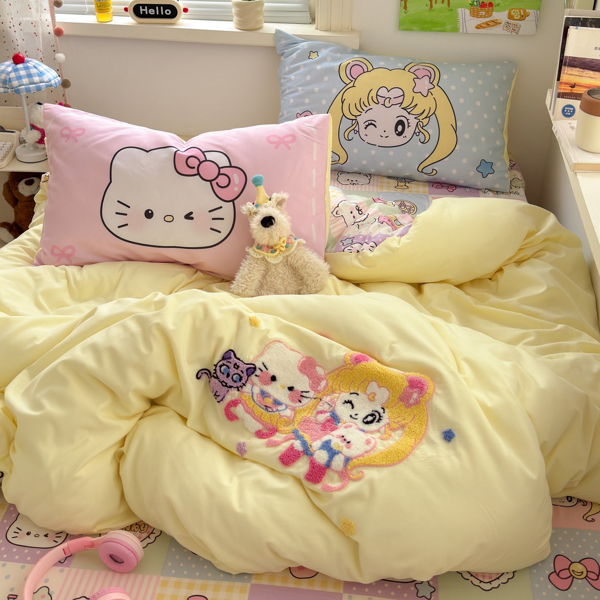 91家纺网 家纺一手货源 找家纺 一霖家纺 2025新款高克重云朵棉毛巾绣印绣四件套-小清新系列-第三波 美少女战士-黄