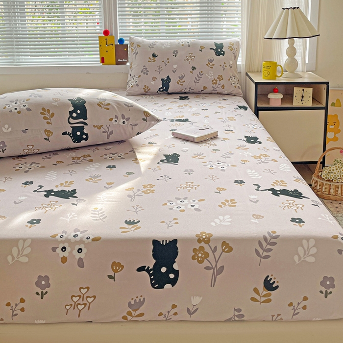 91家纺网 家纺一手货源 找家纺 极梦家纺 2025新款磨毛植物羊绒印花单床笠三件套学生宿舍 丛林猫床笠款