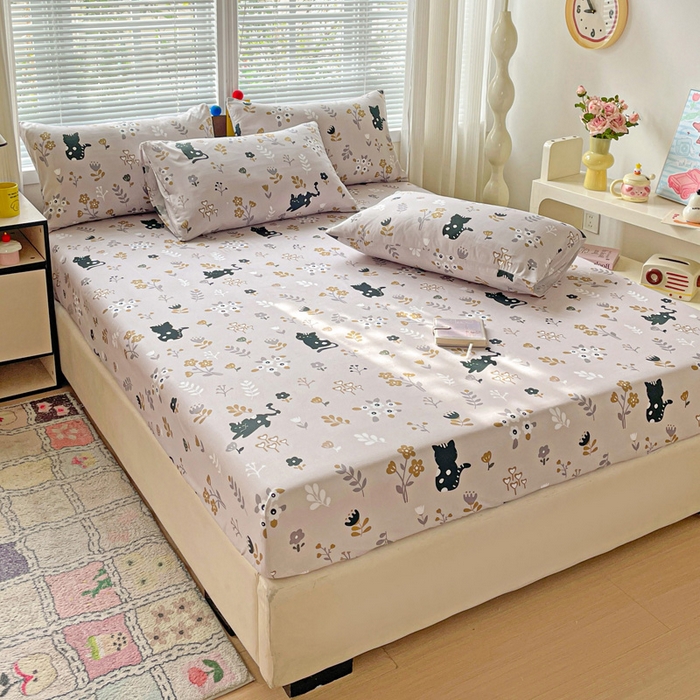 91家纺网 家纺一手货源 找家纺 极梦家纺 2025新款磨毛植物羊绒印花单床笠三件套学生宿舍 丛林猫床笠款