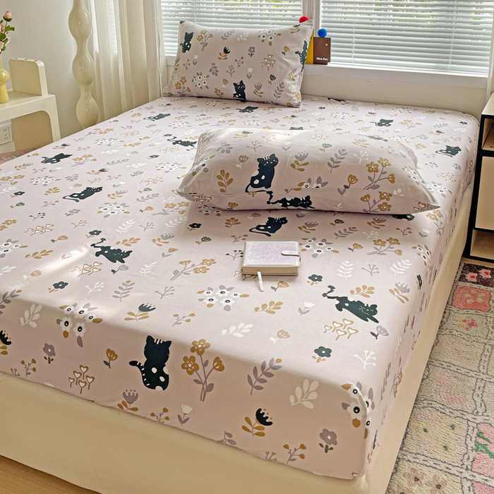 91家纺网 家纺一手货源 找家纺 极梦家纺 2025新款磨毛植物羊绒印花单床笠三件套学生宿舍 丛林猫床笠款