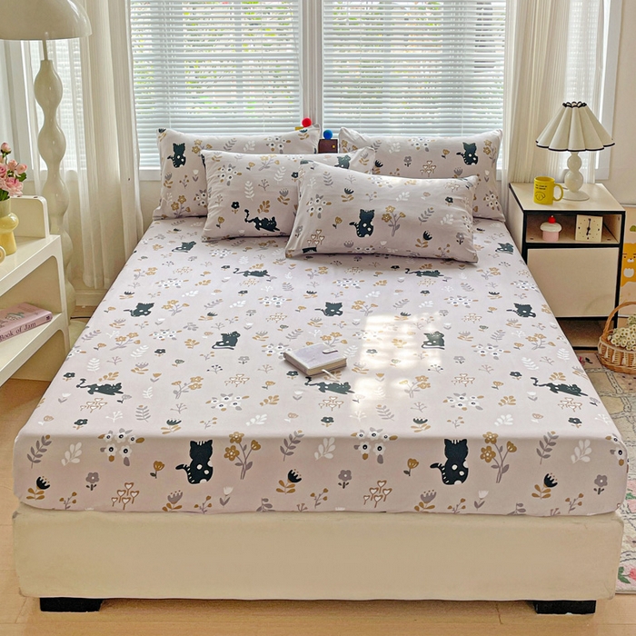 91家纺网 家纺一手货源 找家纺 极梦家纺 2025新款磨毛植物羊绒印花单床笠三件套学生宿舍 丛林猫床笠款