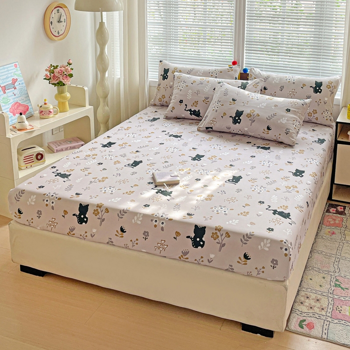 91家纺网 家纺一手货源 找家纺 极梦家纺 2025新款磨毛植物羊绒印花单床笠三件套学生宿舍 丛林猫床笠款