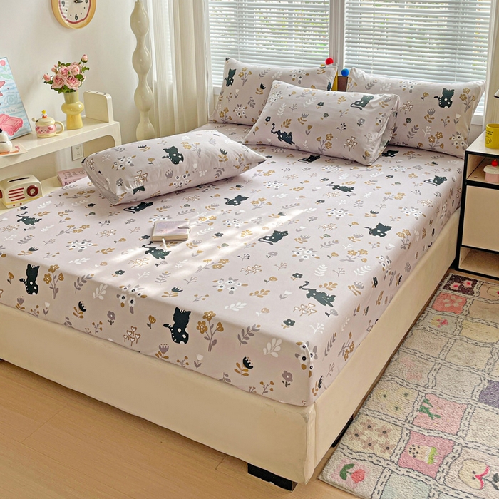 91家纺网 家纺一手货源 找家纺 极梦家纺 2025新款磨毛植物羊绒印花单床笠三件套学生宿舍 丛林猫床笠款