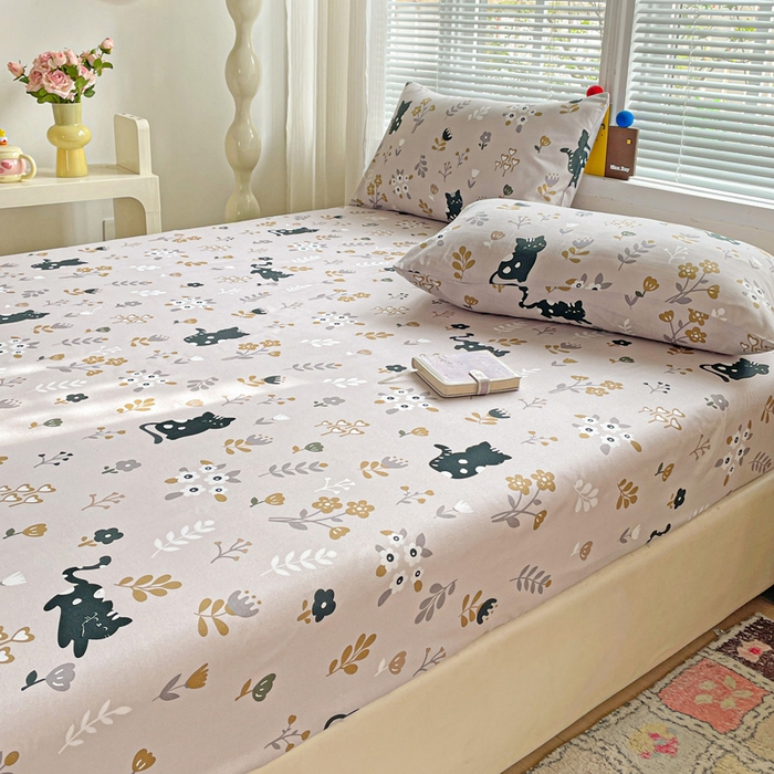 91家纺网 家纺一手货源 找家纺 极梦家纺 2025新款磨毛植物羊绒印花单床笠三件套学生宿舍 丛林猫床笠款