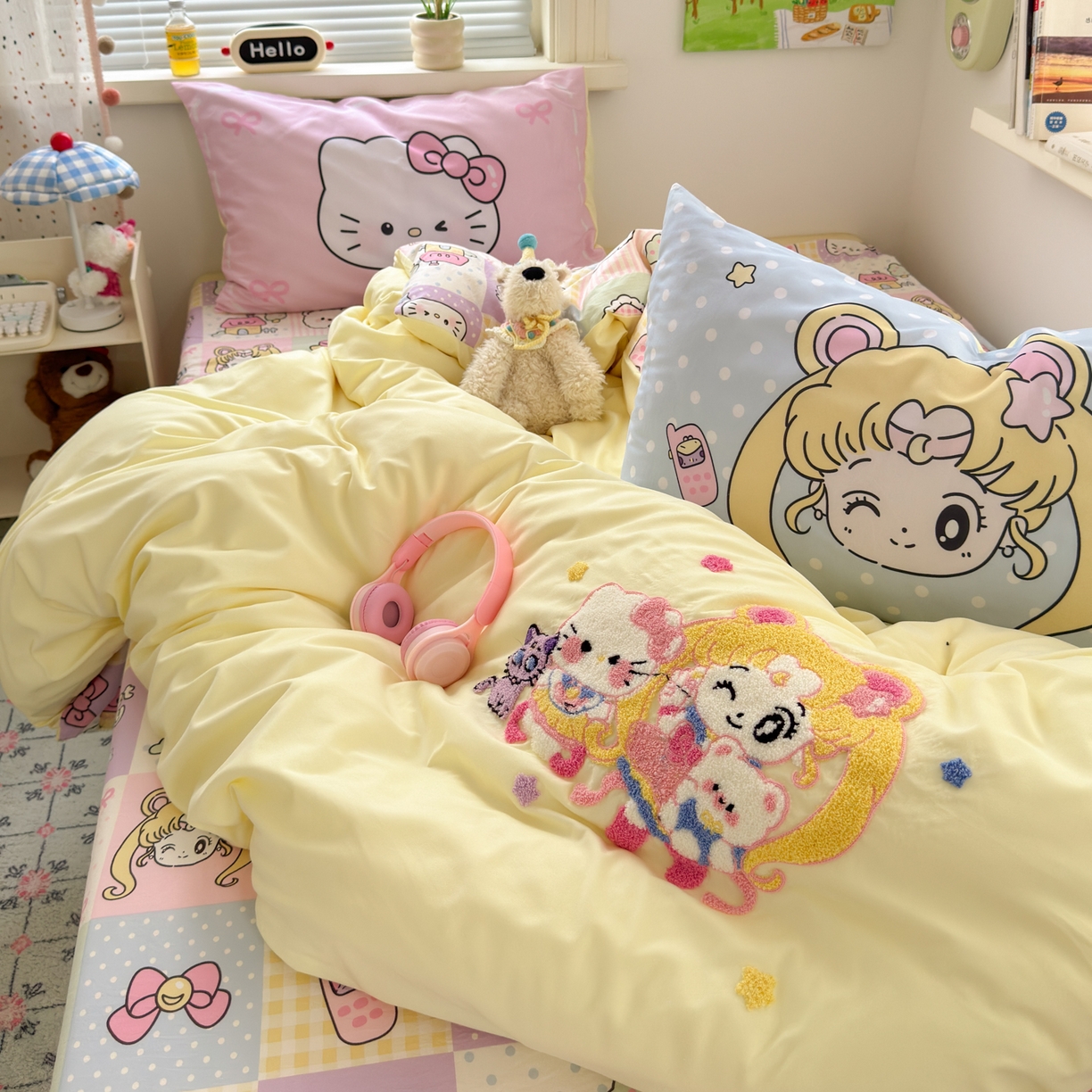 91家纺网 家纺一手货源 找家纺 一霖家纺 2025新款高克重云朵棉毛巾绣印绣四件套-小清新系列-第三波 美少女战士-黄