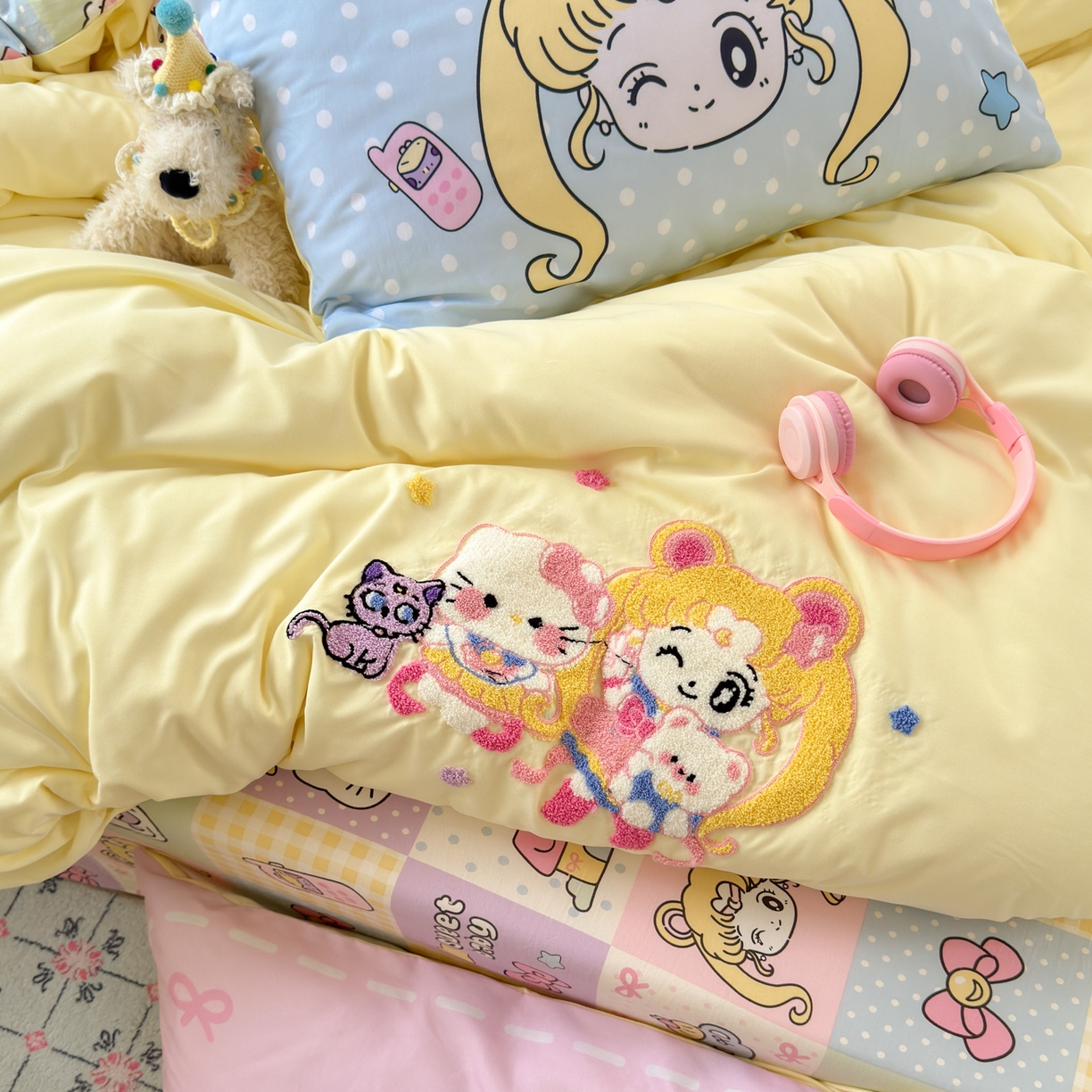 91家纺网 家纺一手货源 找家纺 一霖家纺 2025新款高克重云朵棉毛巾绣印绣四件套-小清新系列-第三波 美少女战士-黄