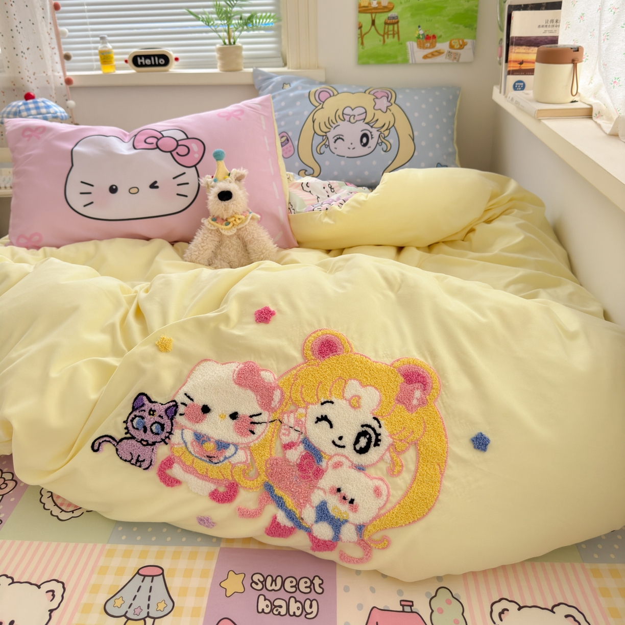 91家纺网 家纺一手货源 找家纺 一霖家纺 2025新款高克重云朵棉毛巾绣印绣四件套-小清新系列-第三波 美少女战士-黄