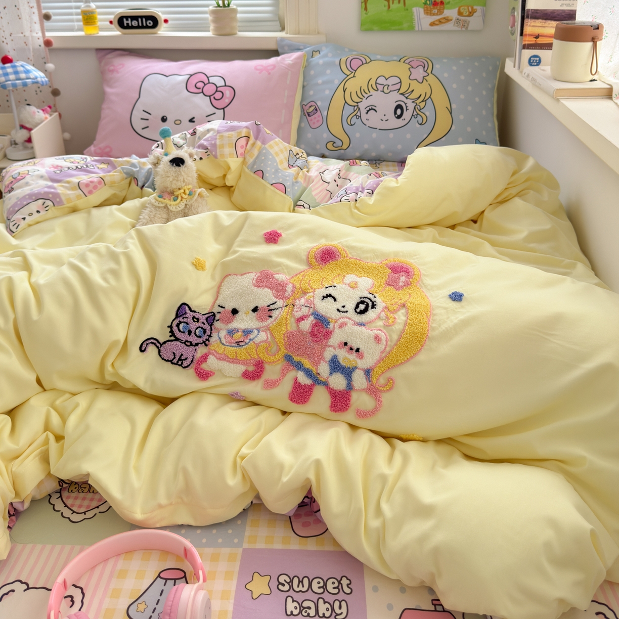 91家纺网 家纺一手货源 找家纺 一霖家纺 2025新款高克重云朵棉毛巾绣印绣四件套-小清新系列-第三波 美少女战士-黄