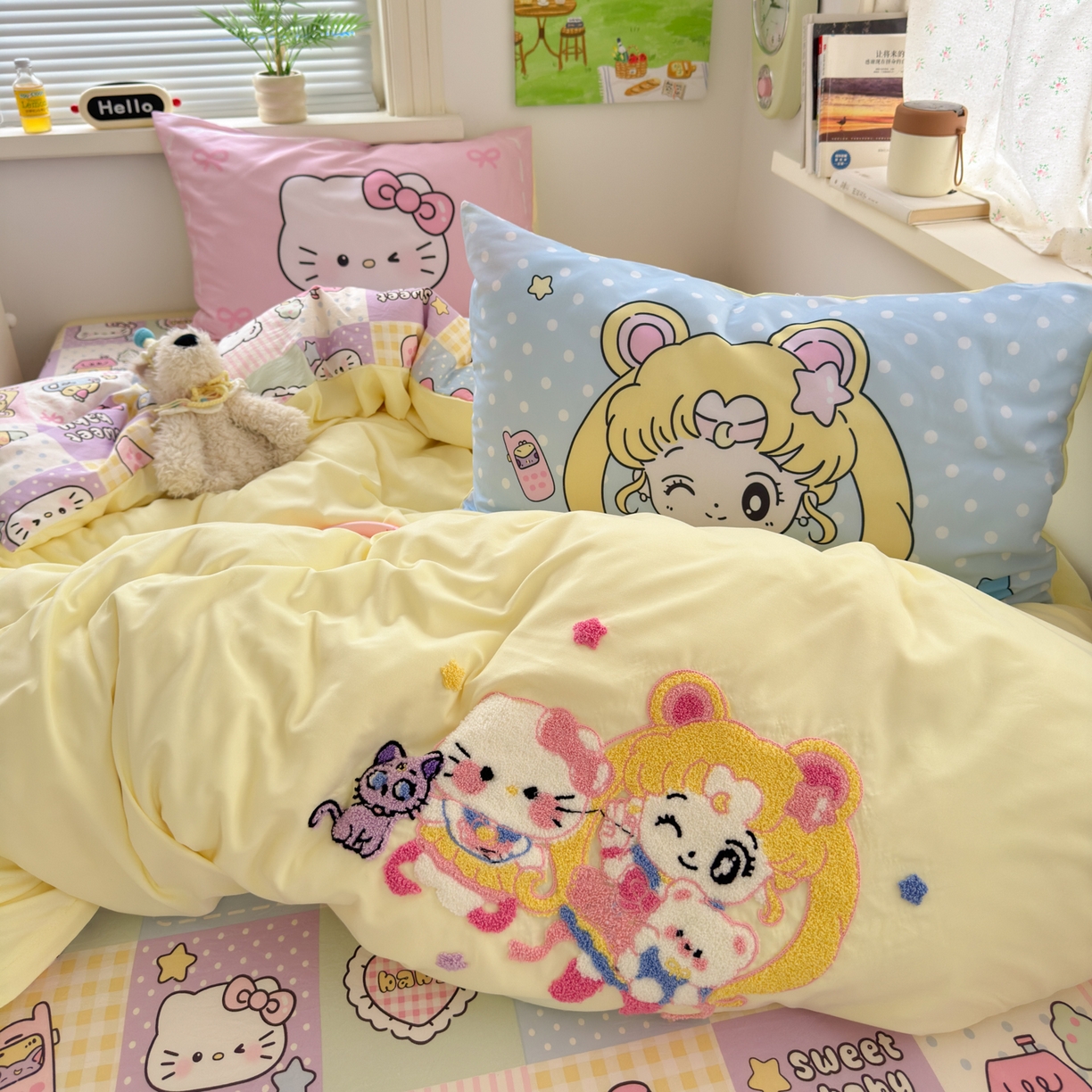 91家纺网 家纺一手货源 找家纺 一霖家纺 2025新款高克重云朵棉毛巾绣印绣四件套-小清新系列-第三波 美少女战士-黄