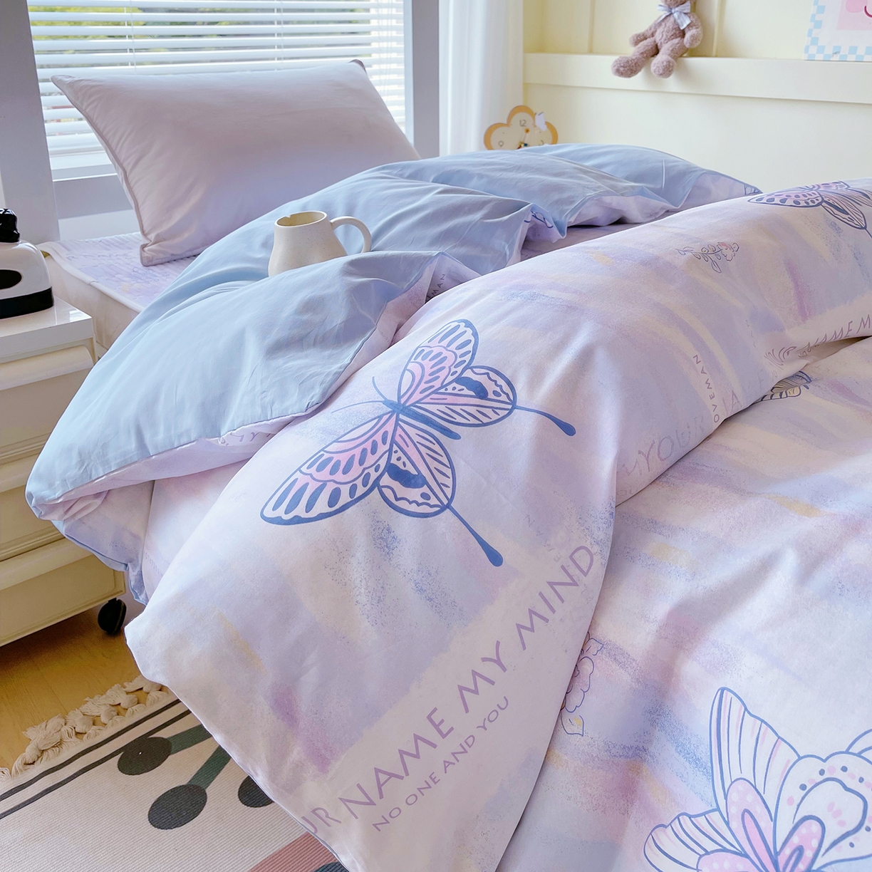 91家纺网 家纺一手货源 找家纺 金鑫汇家纺2025新款全棉纯棉宿舍印花学生宿舍上下铺三件套单被套 梦蝶