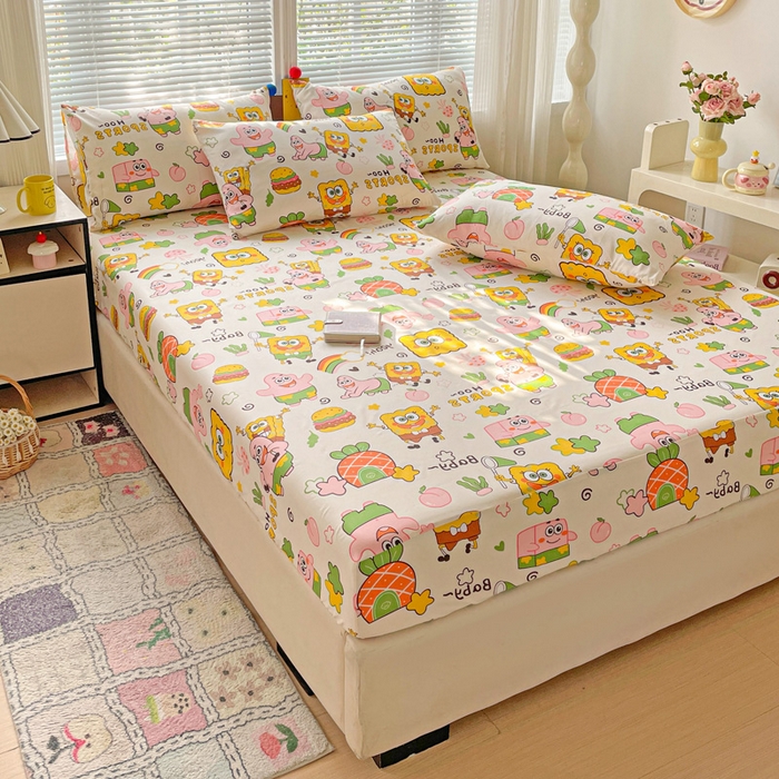 91家纺网 家纺一手货源 找家纺 极梦家纺 2025新款磨毛植物羊绒印花单床笠三件套学生宿舍 汉堡小新床笠款