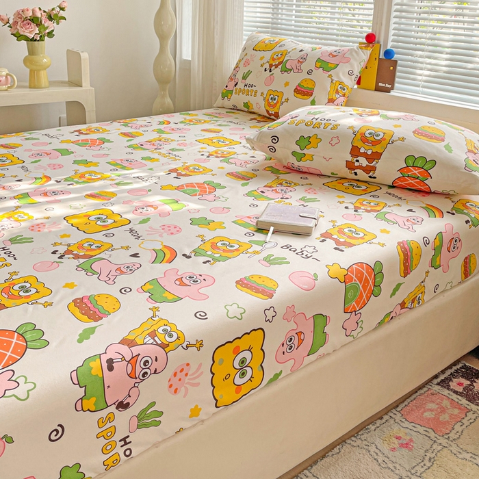 91家纺网 家纺一手货源 找家纺 极梦家纺 2025新款磨毛植物羊绒印花单床笠三件套学生宿舍 汉堡小新床笠款