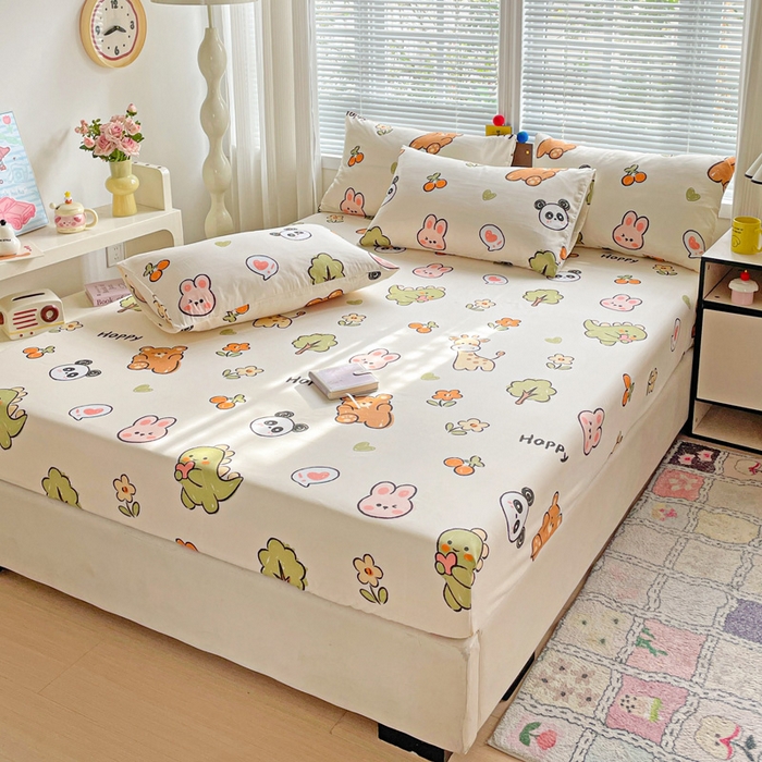 91家纺网 家纺一手货源 找家纺 极梦家纺 2025新款磨毛植物羊绒印花单床笠三件套学生宿舍 欢乐派对床笠款