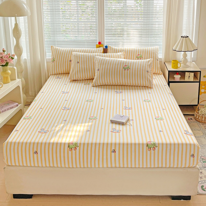 91家纺网 家纺一手货源 找家纺 极梦家纺 2025新款磨毛植物羊绒印花单床笠三件套学生宿舍 黄条小象床笠款