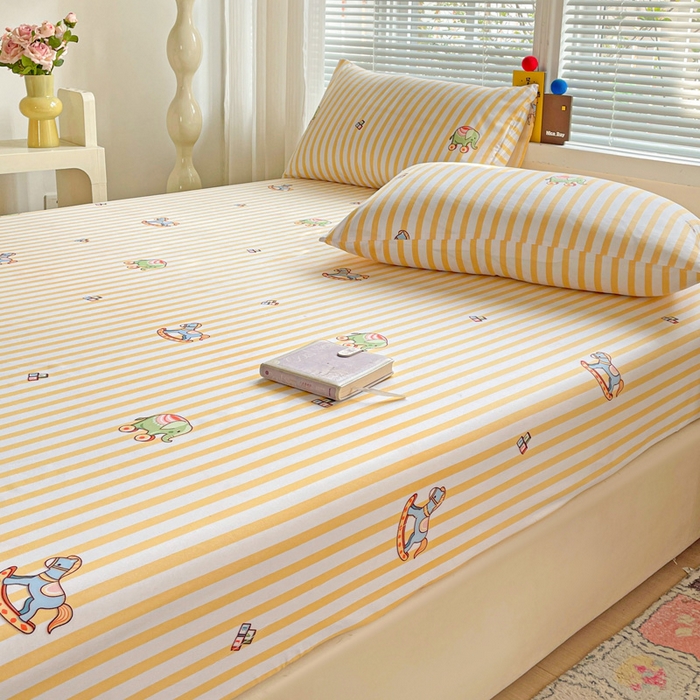 91家纺网 家纺一手货源 找家纺 极梦家纺 2025新款磨毛植物羊绒印花单床笠三件套学生宿舍 黄条小象床笠款