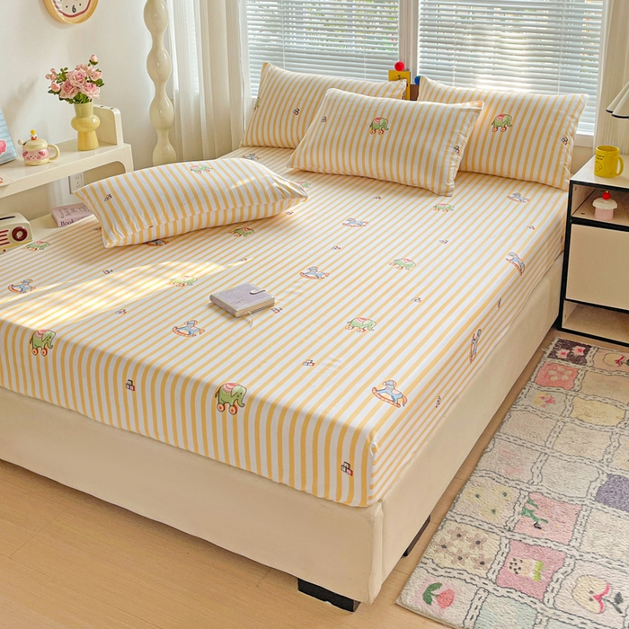 91家纺网 家纺一手货源 找家纺 极梦家纺 2025新款磨毛植物羊绒印花单床笠三件套学生宿舍 黄条小象床笠款