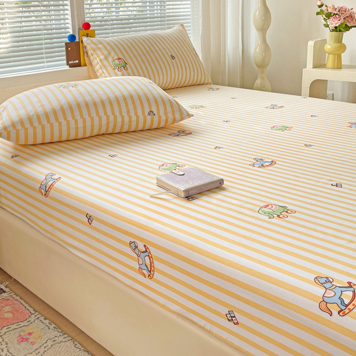 91家纺网 家纺一手货源 找家纺 极梦家纺 2025新款磨毛植物羊绒印花单床笠三件套学生宿舍 黄条小象床笠款